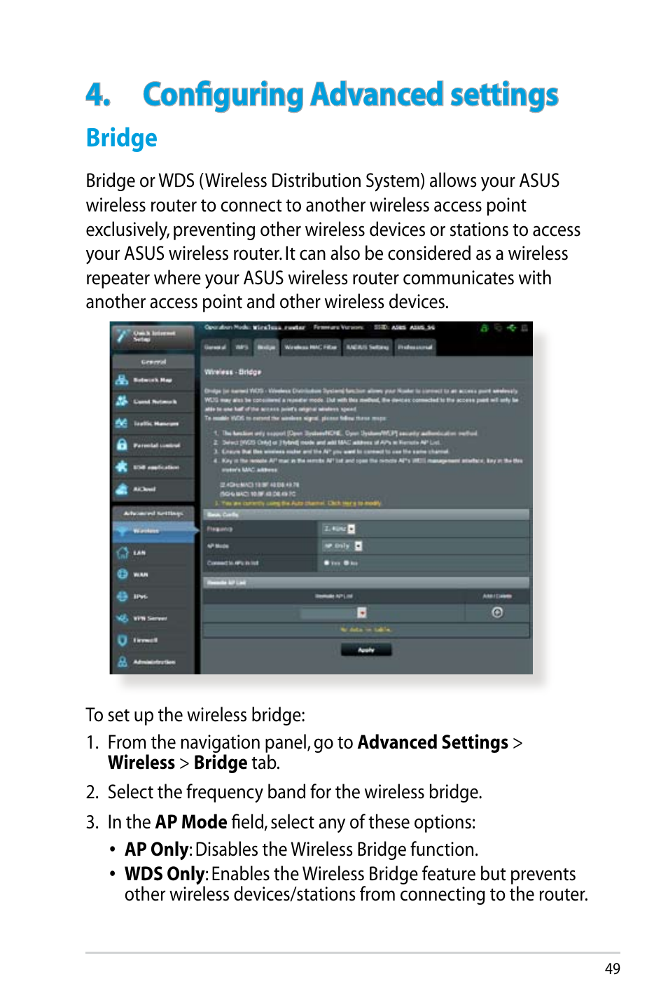 Configuring advanced settings, Bridge | Asus RT-N14UHP User Manual | Page  49 / 107