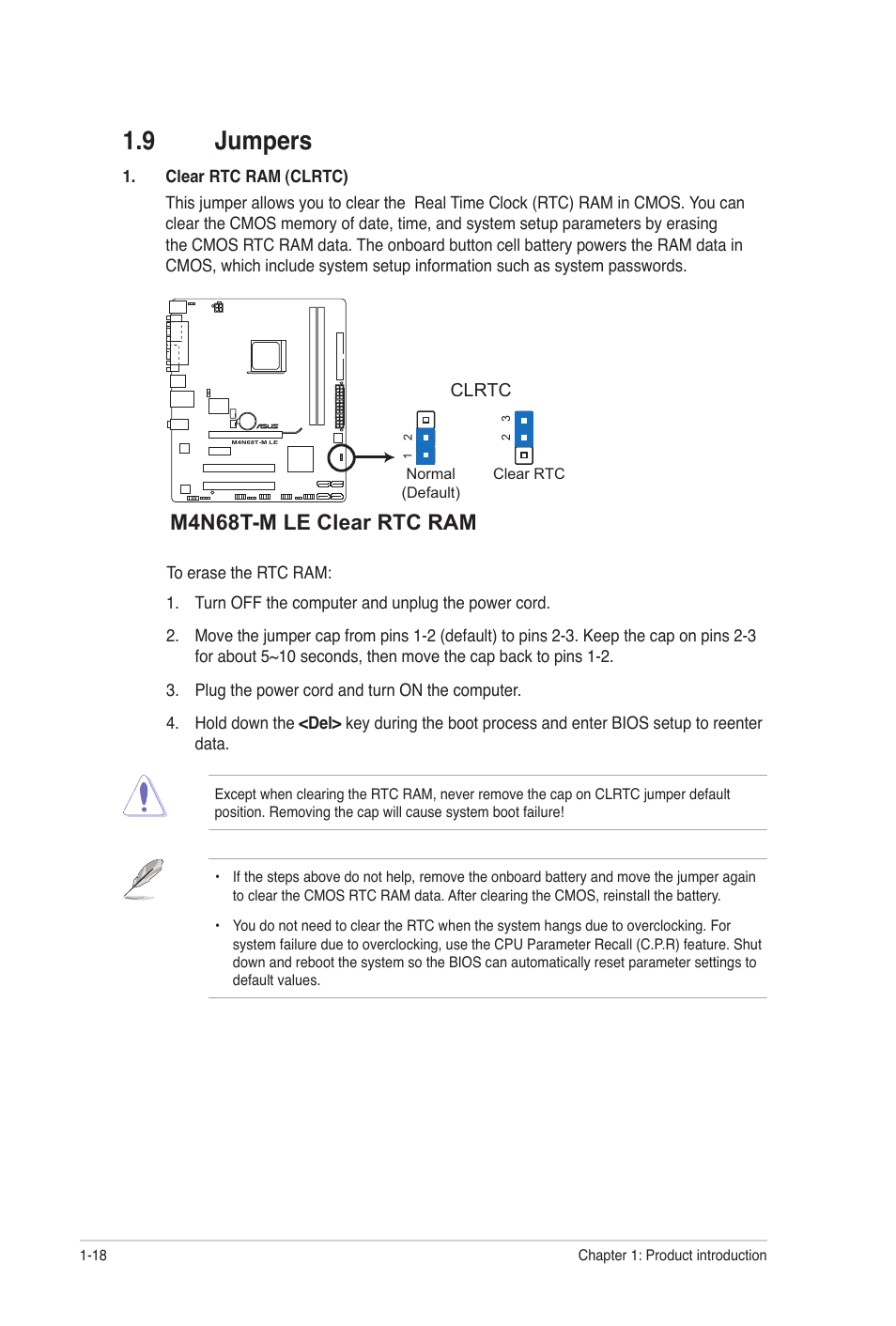 9 jumpers, Jumpers -18, M4n68t-m le clear rtc ram | Asus M4N68T-M LE User  Manual | Page 28 / 62 | Original mode