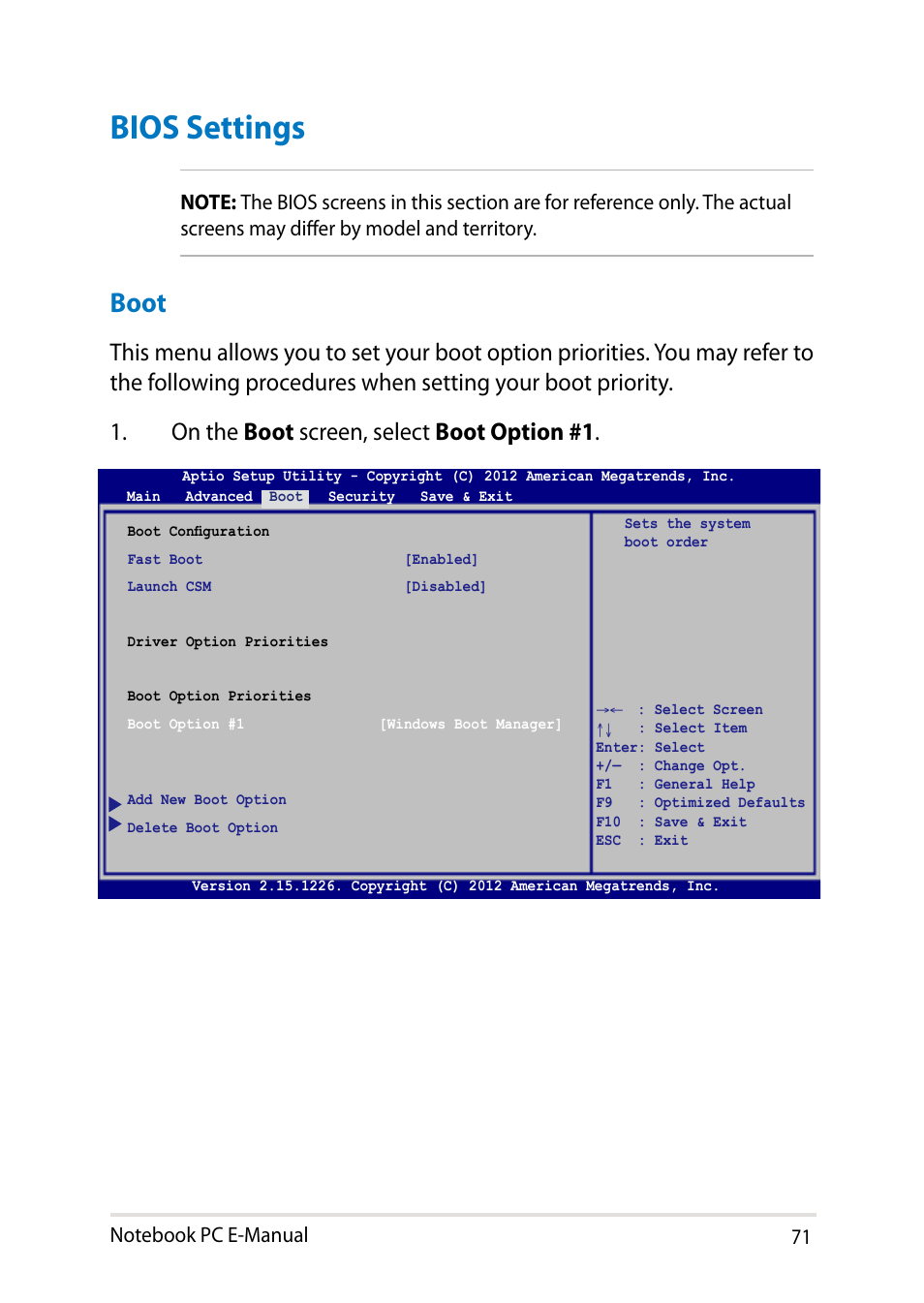 Bios settings, Boot | Asus X451MA User Manual | Page 71 / 110
