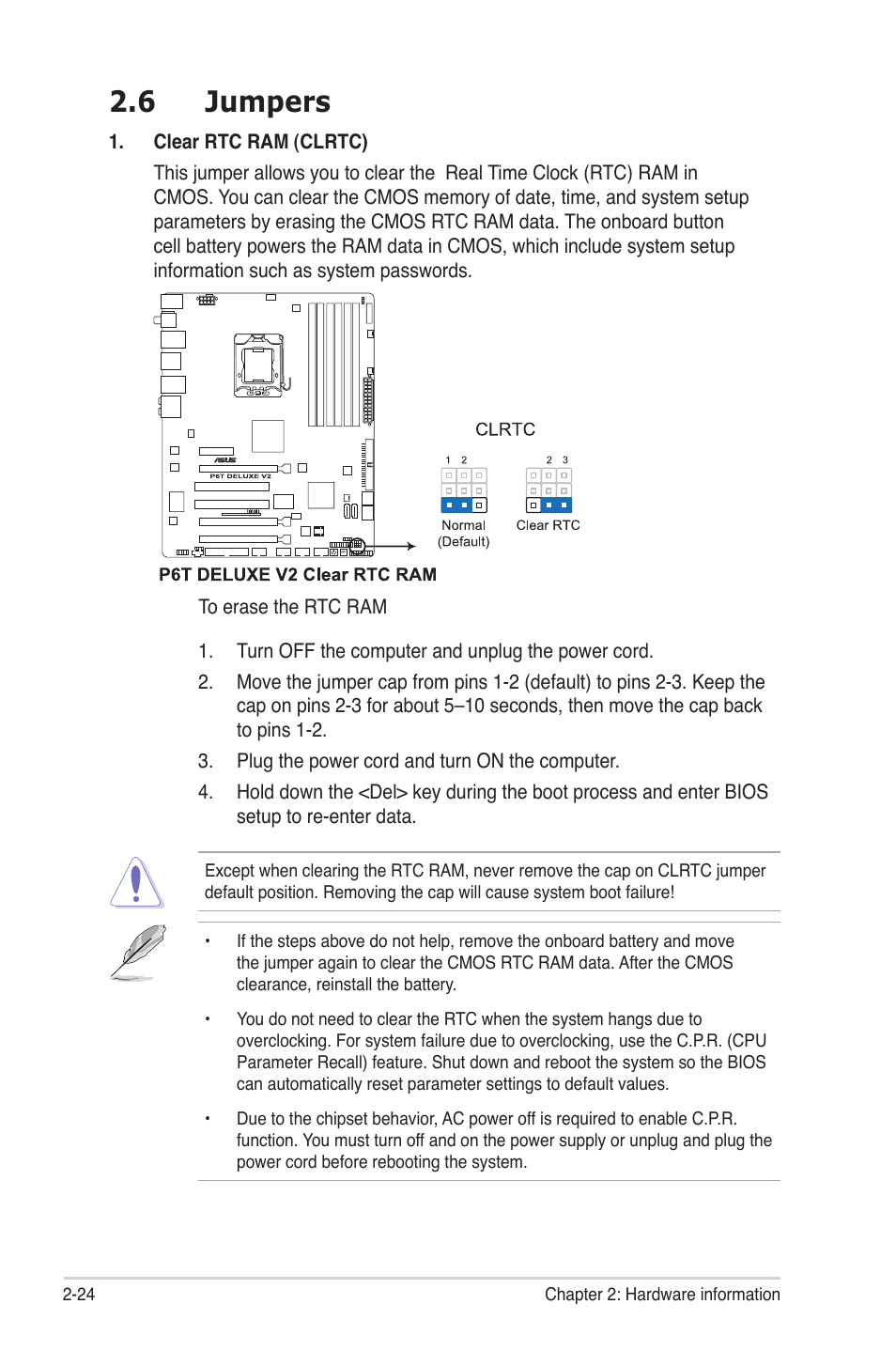 6 jumpers, Jumpers -24 | Asus P6T Deluxe V2 User Manual | Page 50 / 182