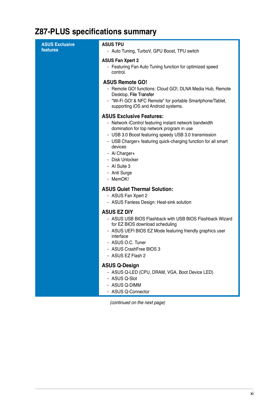 Z87-plus specifications summary | Asus Z87-PLUS User Manual | Page 11 / 174  | Original mode