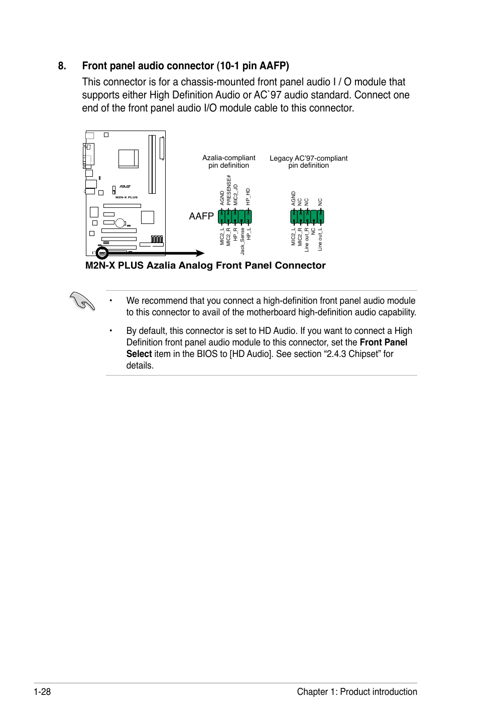 28 chapter 1: product introduction, M2n-x plus azalia analog front panel  connector, Aafp | Asus M2N-X PLUS User Manual | Page 40 / 90 | Original mode