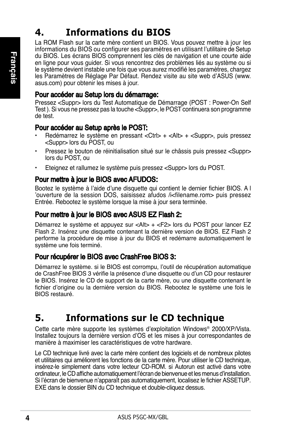 Informations du bios, Informations sur le cd technique, Français | Asus P5GC -MX/GBL User Manual | Page 4 / 38 | Original mode