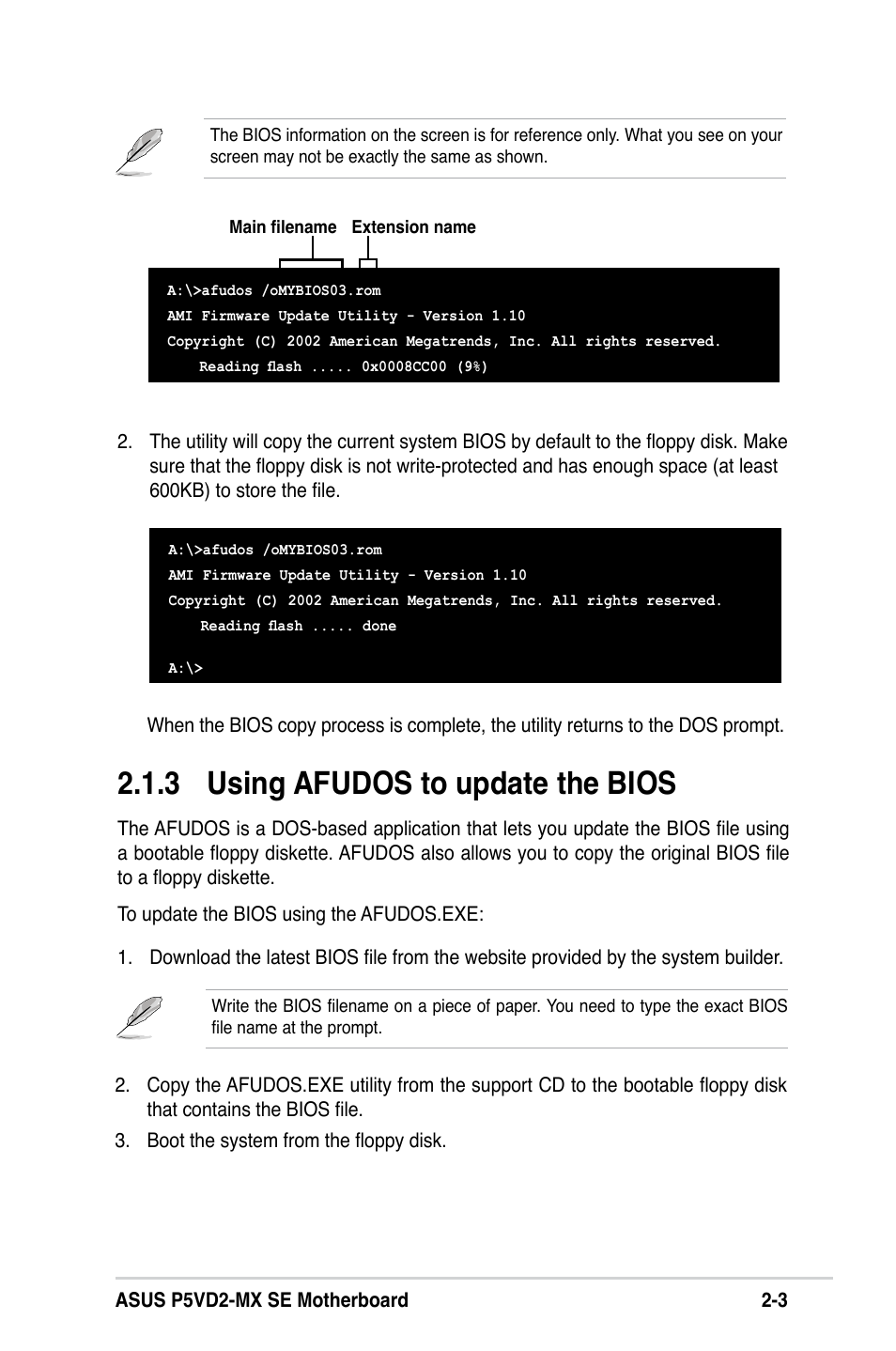 3 using afudos to update the bios | Asus P5VD2-MX SE User Manual | Page 43  / 78