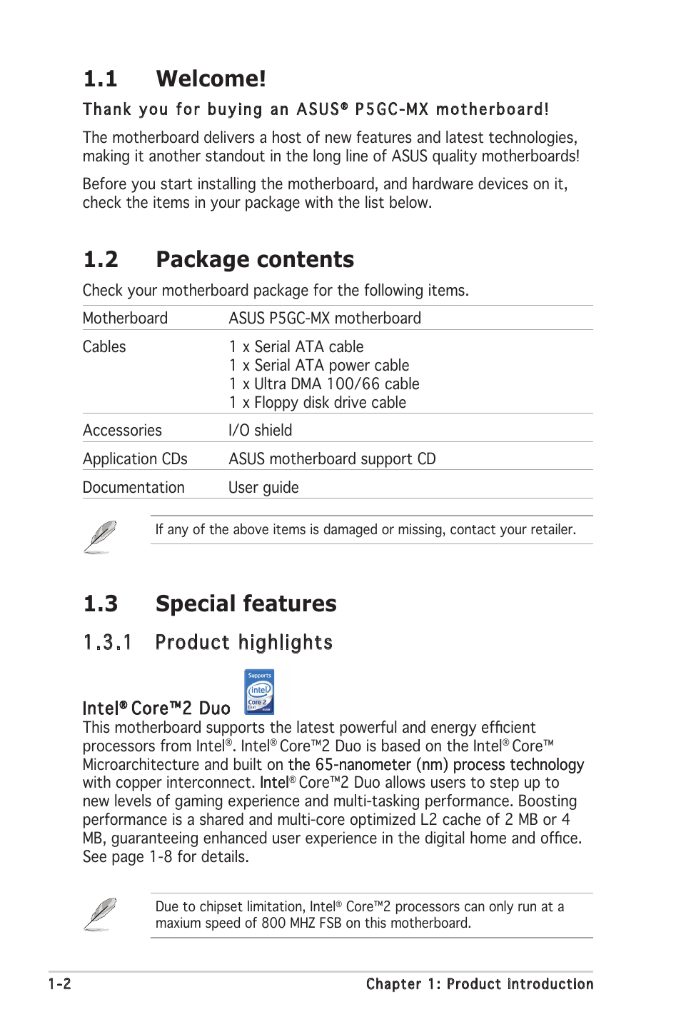 1 welcome, 2 package contents, 3 special features | Asus P5GC-MX User Manual  | Page 14 / 90 | Original mode