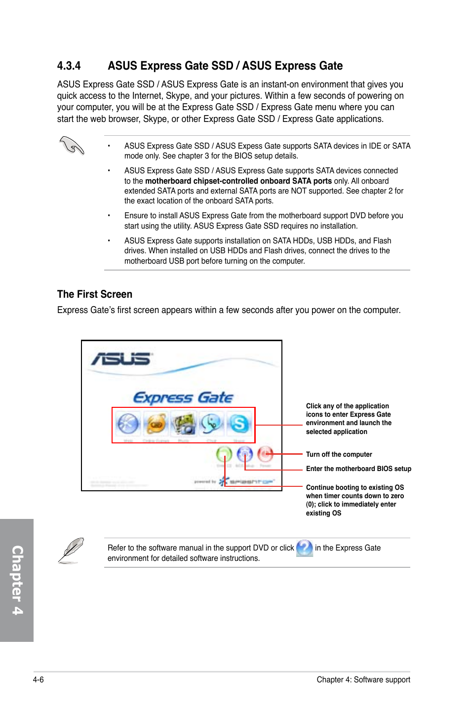 Chapter 4, 4 asus express gate ssd / asus express gate, The first screen |  Asus M4A78T-E User Manual | Page 100 / 122