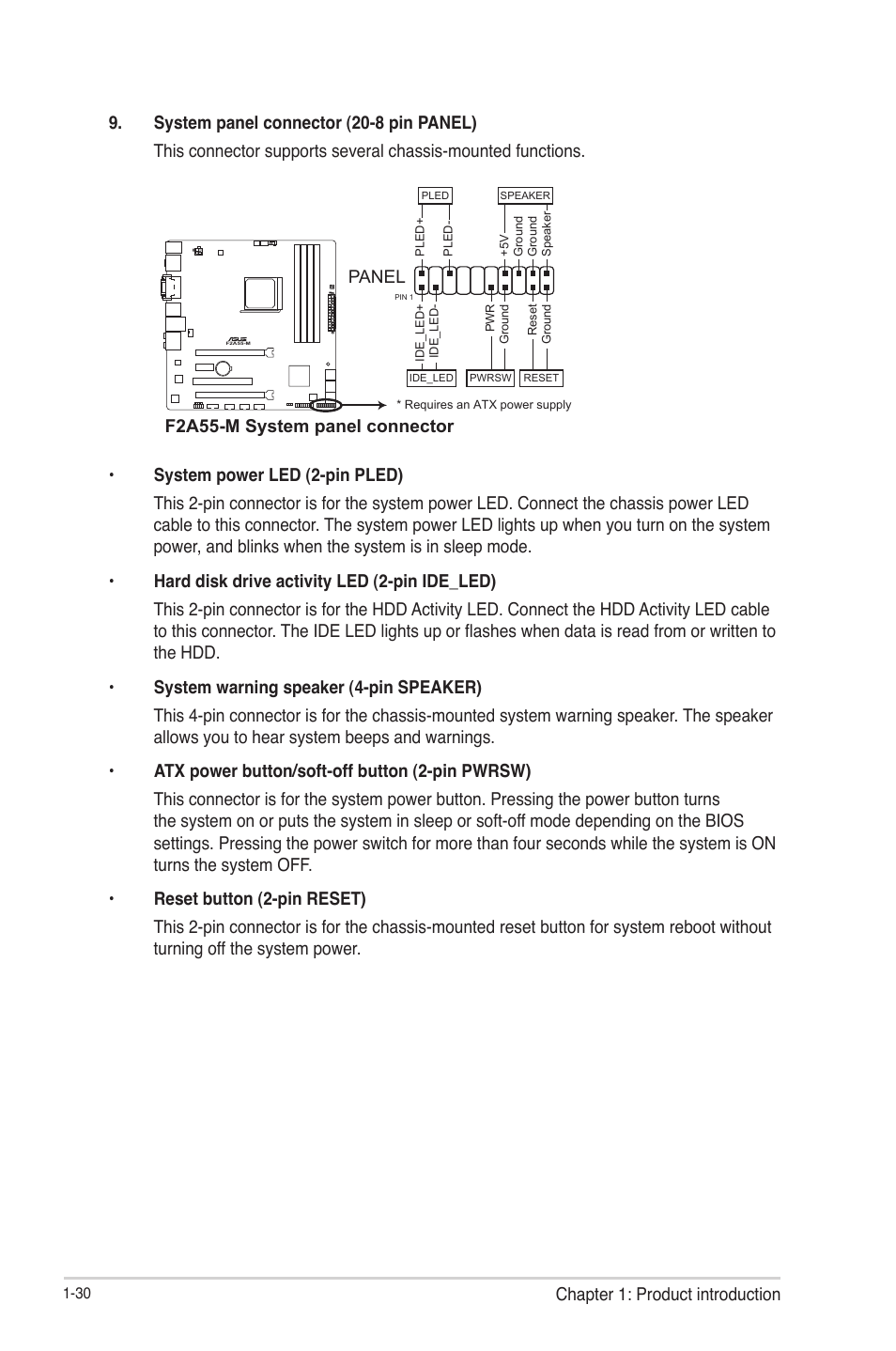 F2a55-m system panel connector, Panel | Asus F2A55-M User Manual | Page 42  / 84 | Original mode