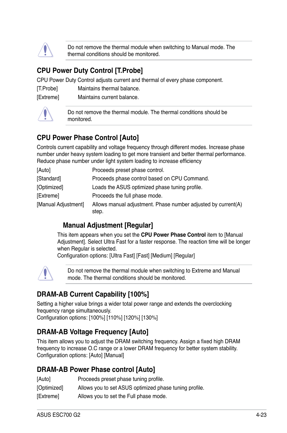 Cpu power duty control [t.probe, Cpu power phase control [auto, Manual  adjustment [regular | Asus ESC700 G2 User Manual | Page 97 / 166