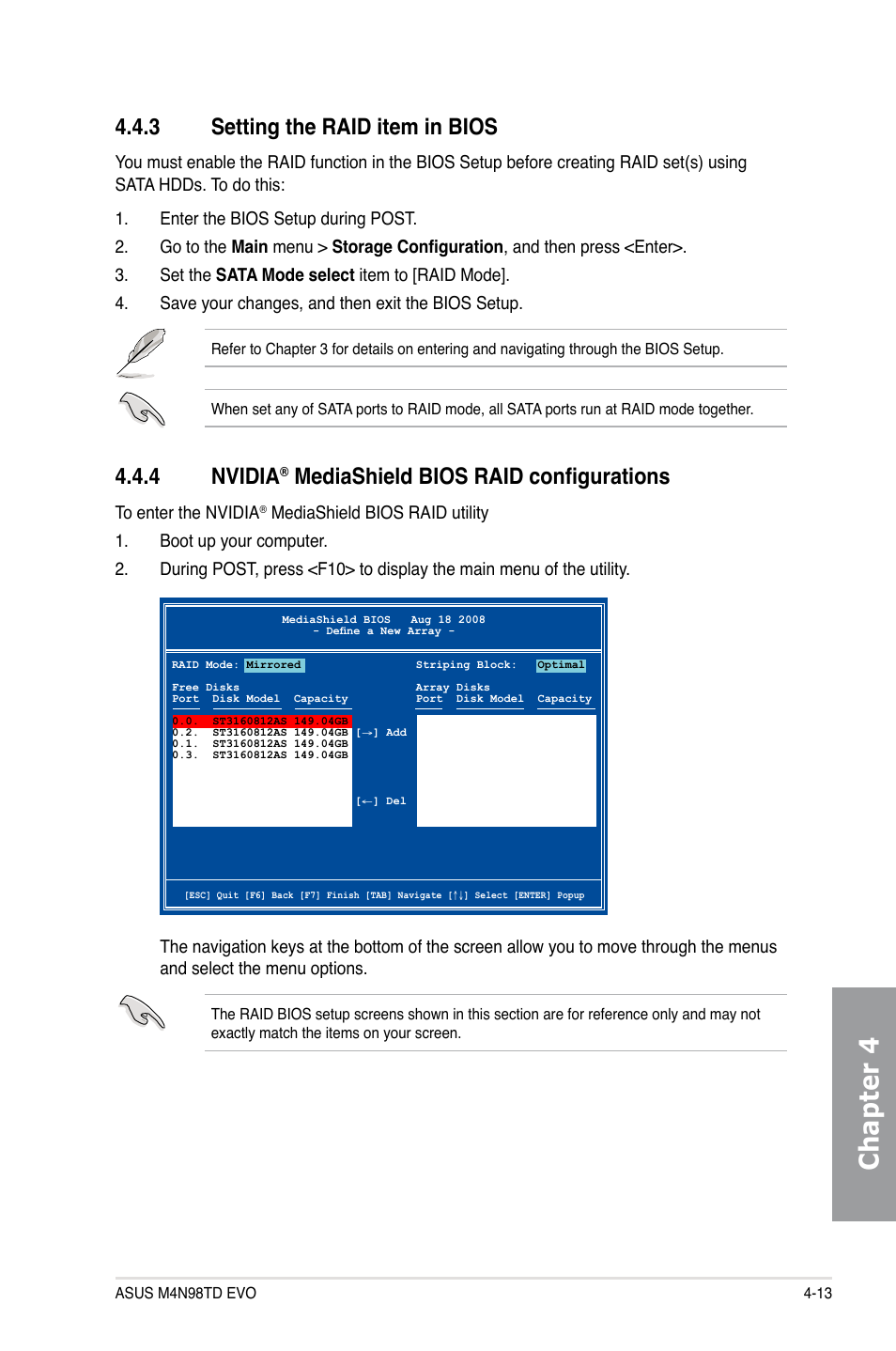 3 setting the raid item in bios, 4 nvidia® mediashield bios raid  configurations, Setting the raid item in bios -13 | Asus M4N98TD EVO User  Manual | Page 103 / 118
