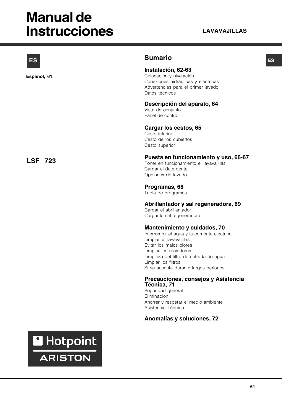 Manual de instrucciones, Sumario, Lsf 723 | Hotpoint Ariston LSF 723 User  Manual | Page 61 / 84