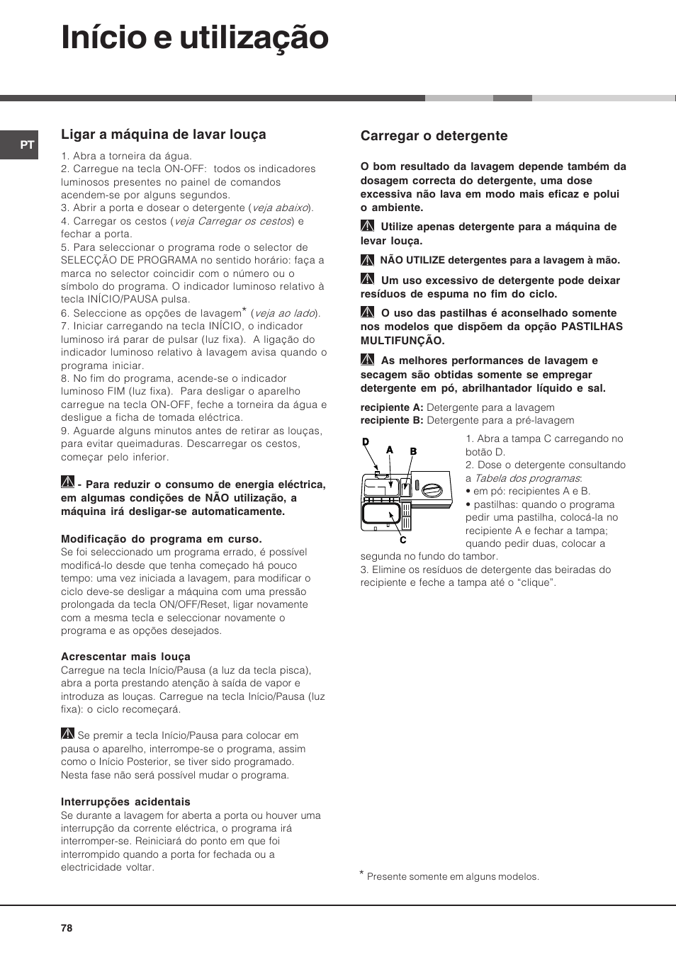 Início e utilização, Carregar o detergente, Ligar a máquina de lavar louça  | Hotpoint Ariston LSF 723 User Manual | Page 78 / 84 | Original mode