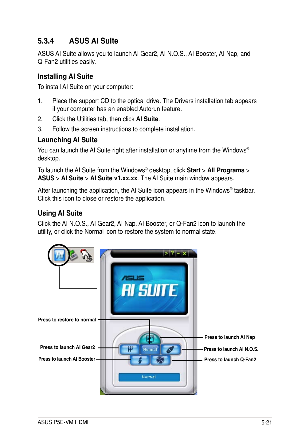 4 asus ai suite, Installing ai suite, Launching ai suite | Asus P5E-VM HDMI  User Manual | Page 125 / 154 | Original mode