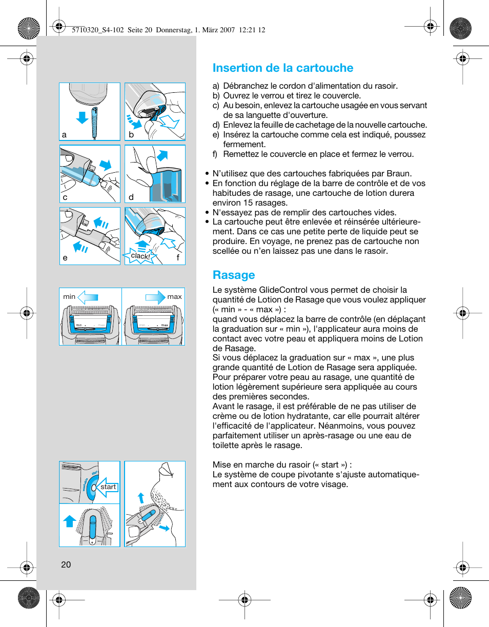 Insertion de la cartouche, Rasage | Braun 6680 FreeGlider User Manual |  Page 20 / 99 | Original mode