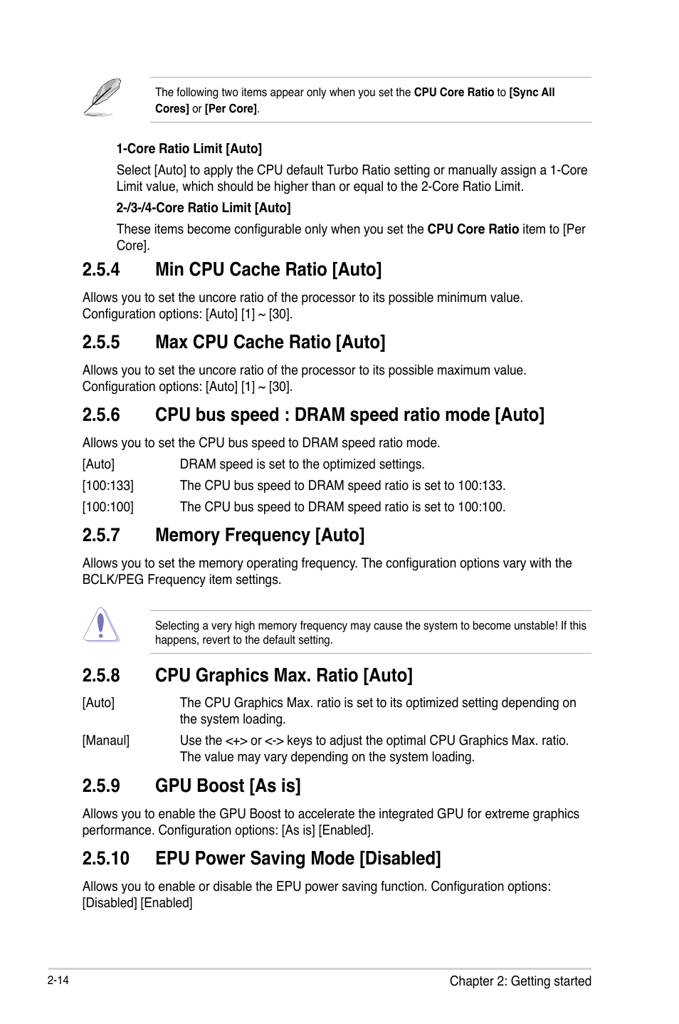 4 min cpu cache ratio [auto, 5 max cpu cache ratio [auto, 6 cpu bus speed :  dram speed ratio mode [auto | Asus B85M-G User Manual | Page 43 / 75