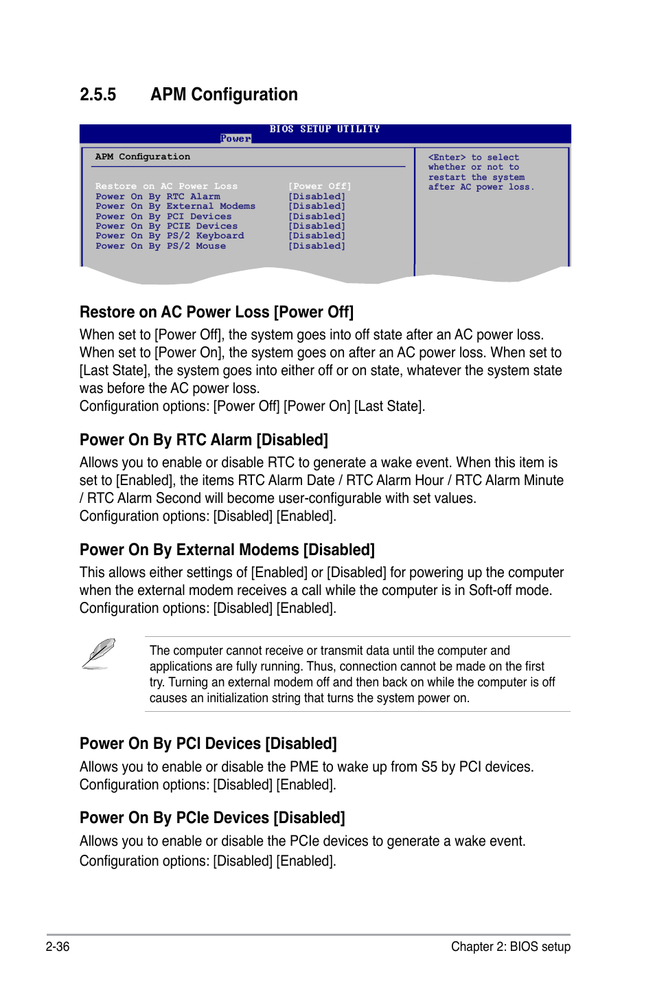 5 apm configuration Restore on ac power loss power off Power on