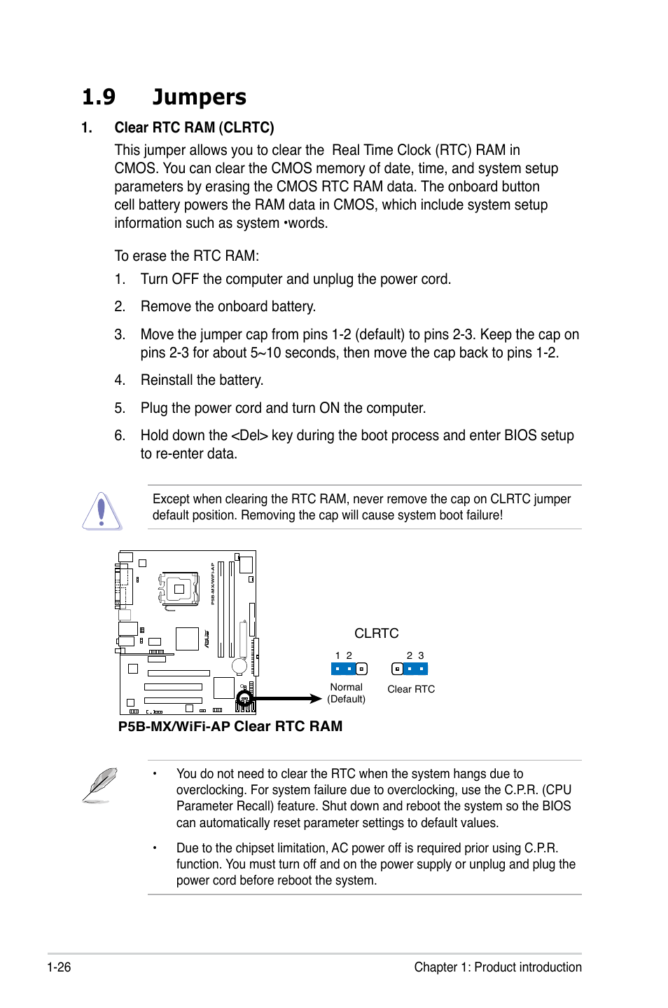 9 jumpers, Clear rtc ram | Asus P5B-MX/WIFI-AP User Manual | Page 38 / 94