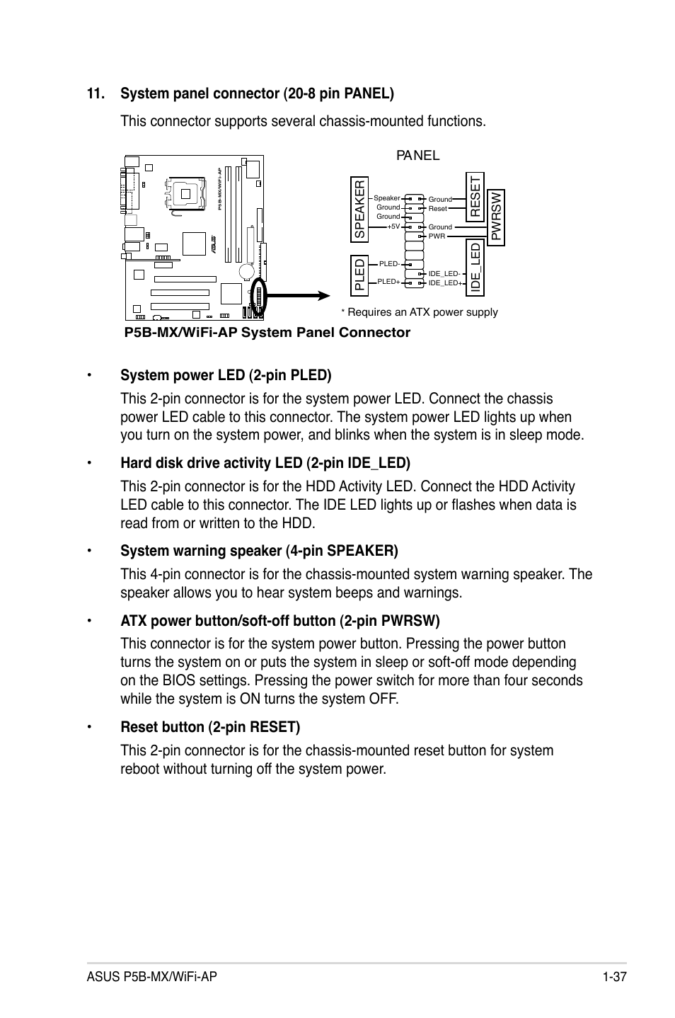 Asus p5b-mx/wifi-ap 1-37, P5b-mx/wifi-ap system panel connector ...