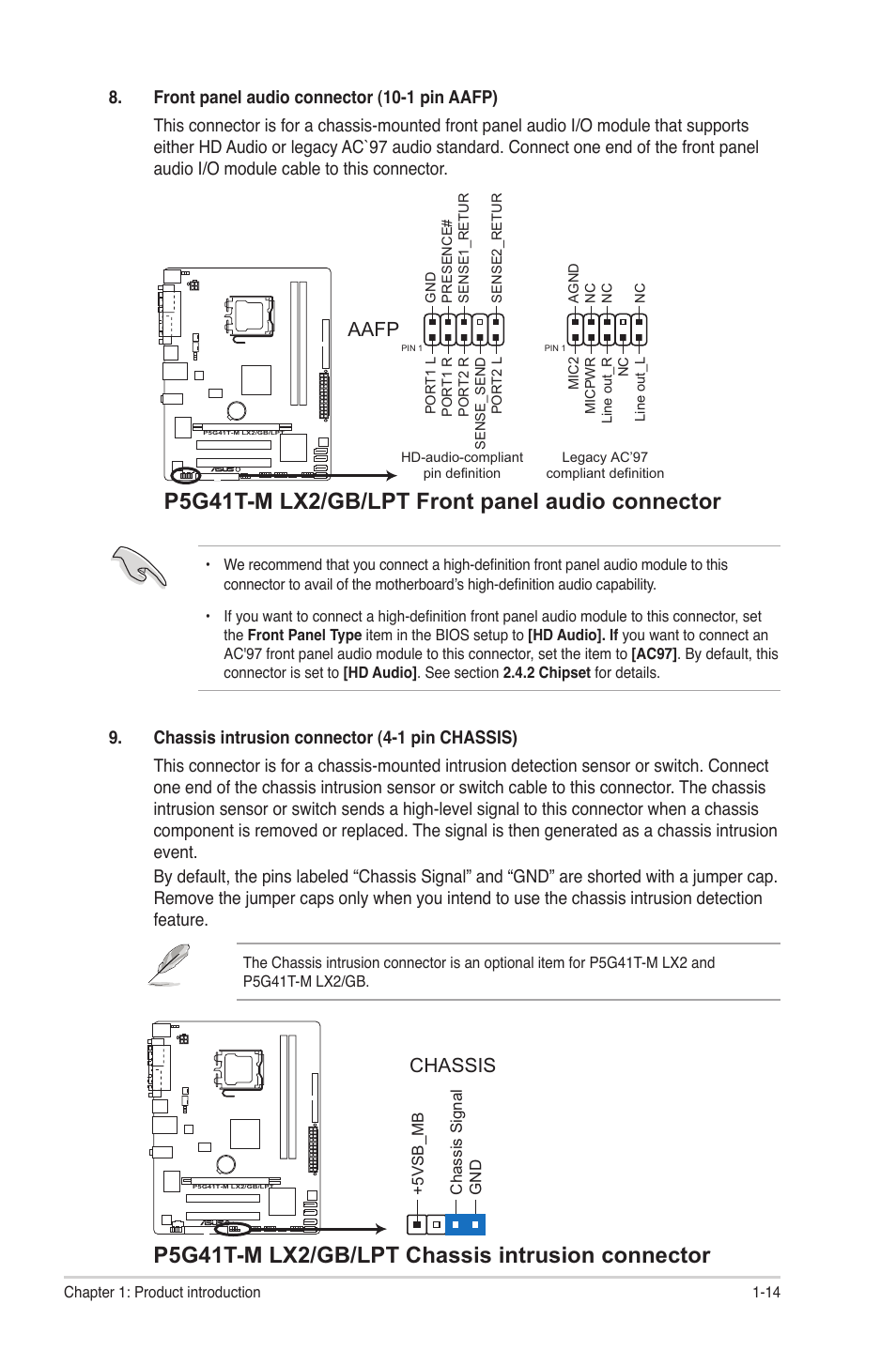 P5g41t-m lx2/gb/lpt front panel audio connector, P5g41t-m lx2/gb/lpt  chassis intrusion connector, Aafp | Asus P5G41T-M LX2 User Manual | Page 23  / 40