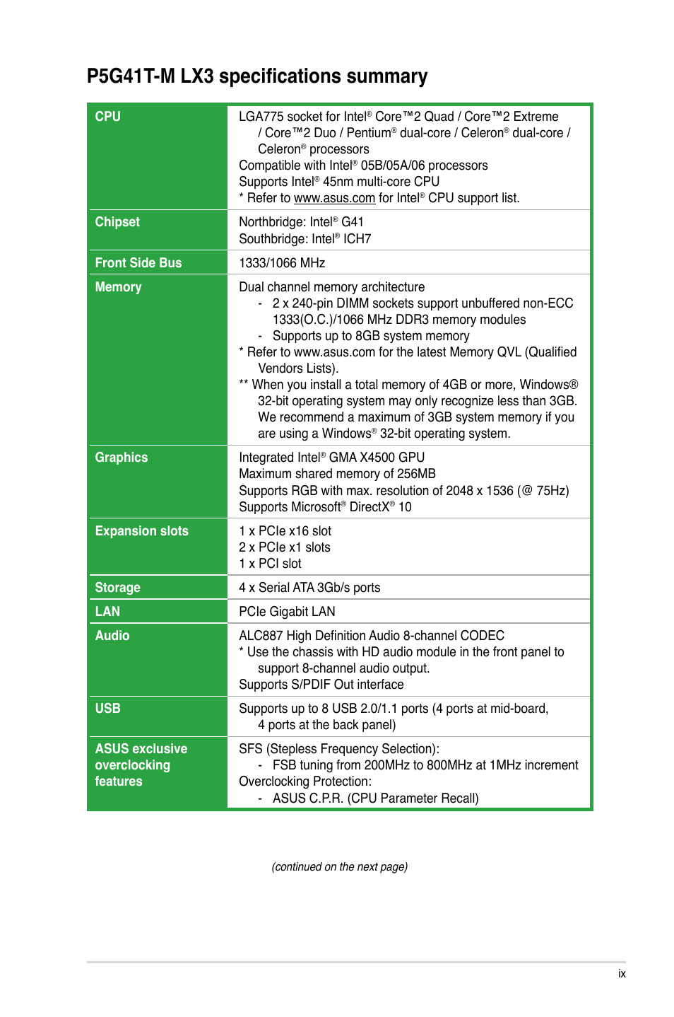 P5g41t-m lx3 specifications summary | Asus P5G41T-M LX3 User Manual | Page  9 / 60