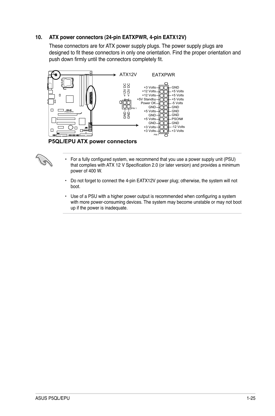 P5ql/epu atx power connectors | Asus P5QL/EPU User Manual | Page 35 / 64 |  Original mode
