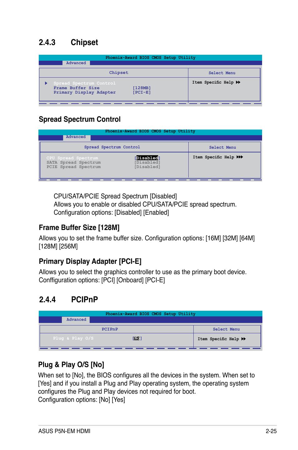 3 chipset, 4 pcipnp, Frame buffer size [128m | Asus P5N-EM HDMI User Manual  | Page 73 / 102