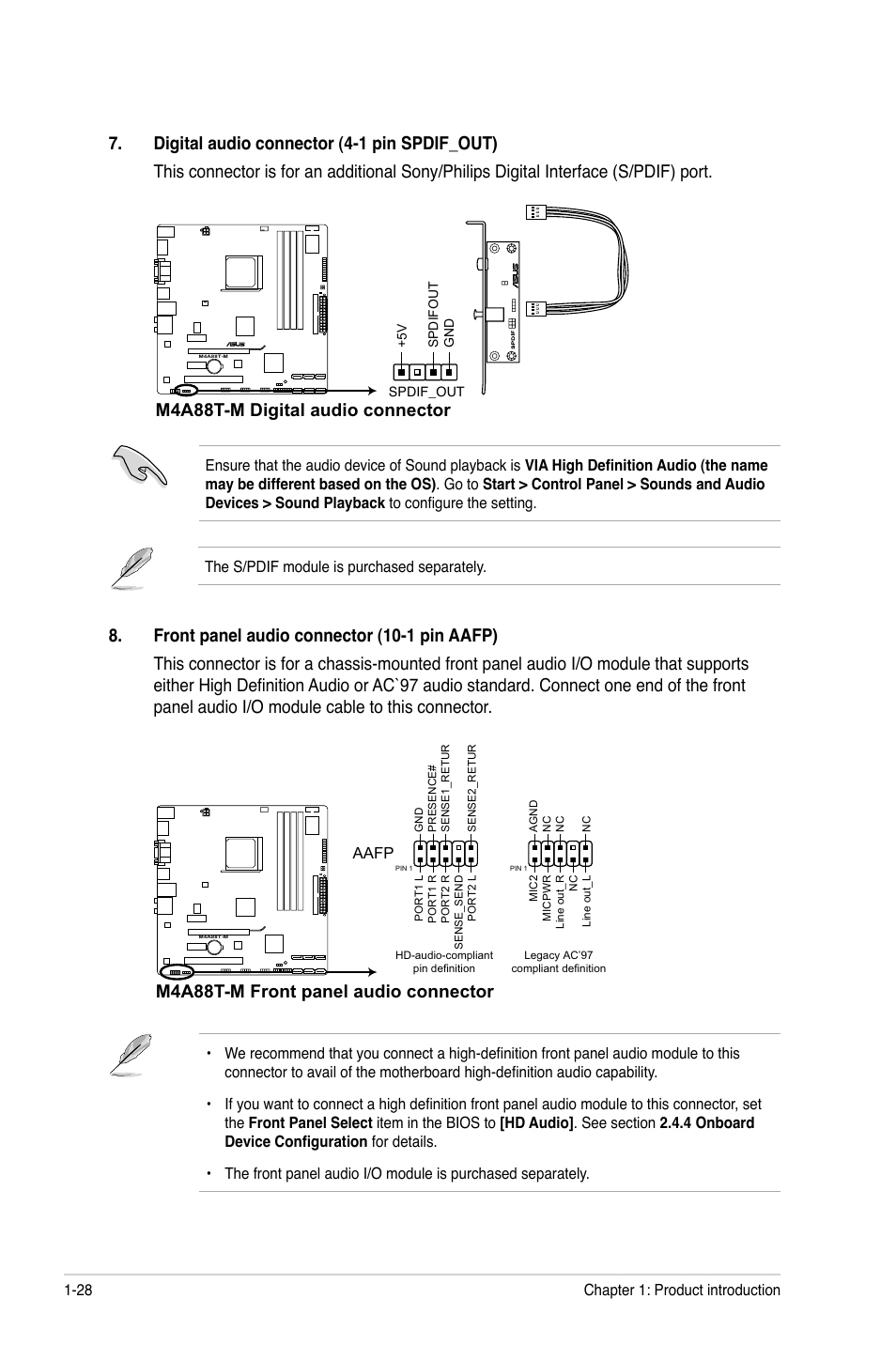 M4a88t-m digital audio connector, M4a88t-m front panel audio connector | Asus  M4A88T-M/USB3 User Manual | Page 40 / 70 | Original mode