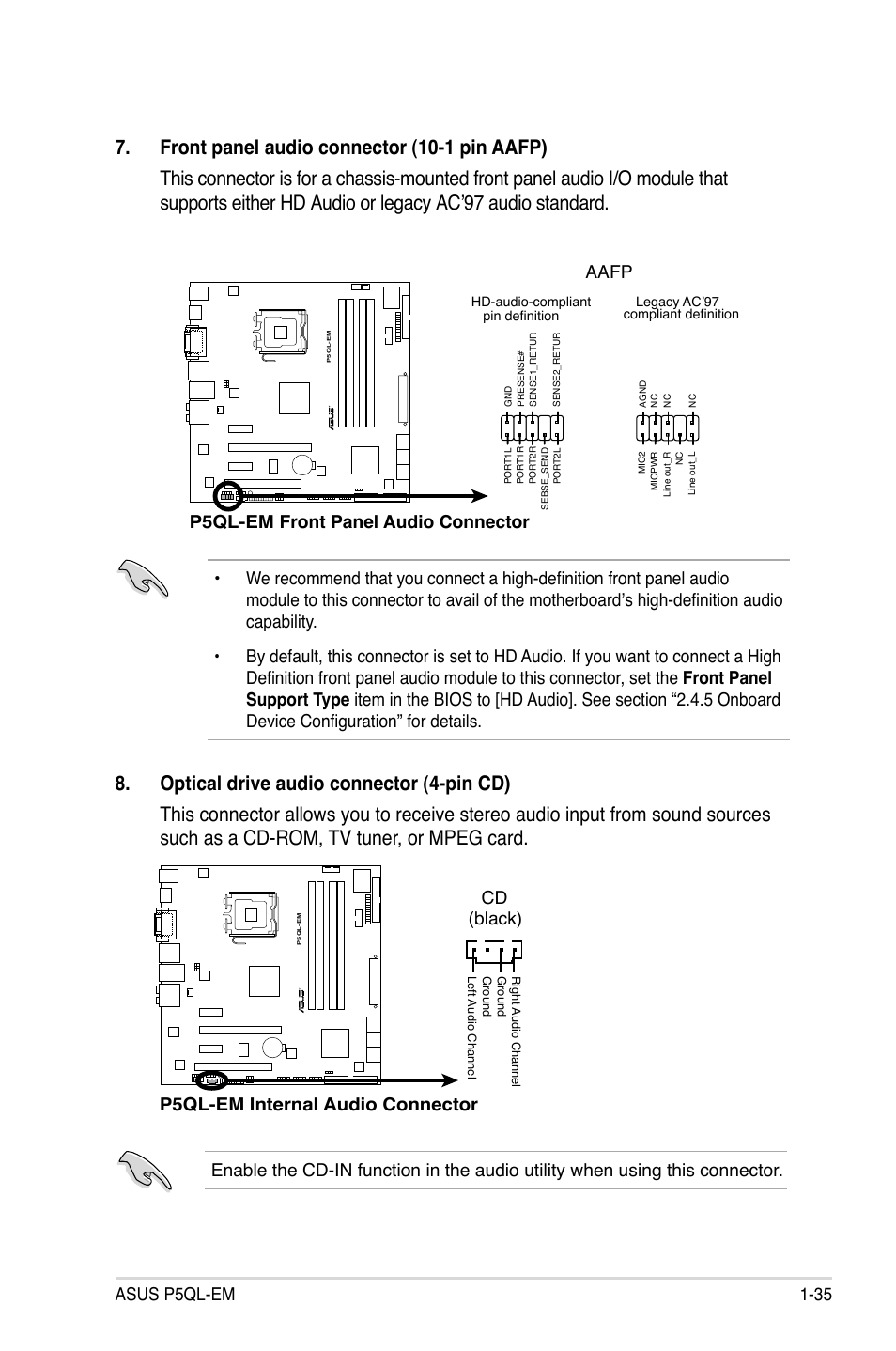 Asus p5ql-em 1-35, Cd (black), P5ql-em front panel audio connector | Asus  P5QL-EM User Manual | Page 47 / 112 | Original mode
