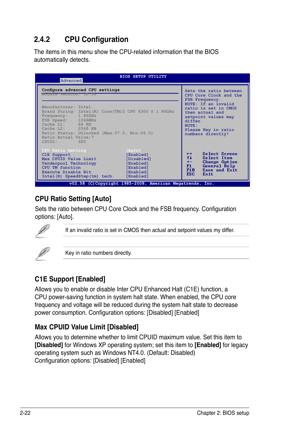 2 cpu configuration, Cpu ratio setting [auto, C1e support [enabled | Asus  P5QL-EM User Manual | Page 72 / 112 | Original mode