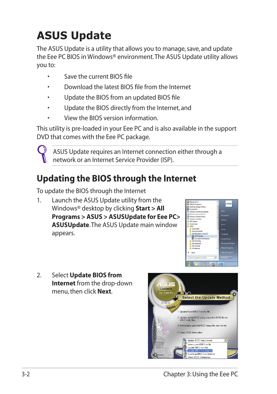 Asus update, Updating the bios through the internet, Asus update -2 | Asus  Eee PC 1101HA User Manual | Page 26 / 52