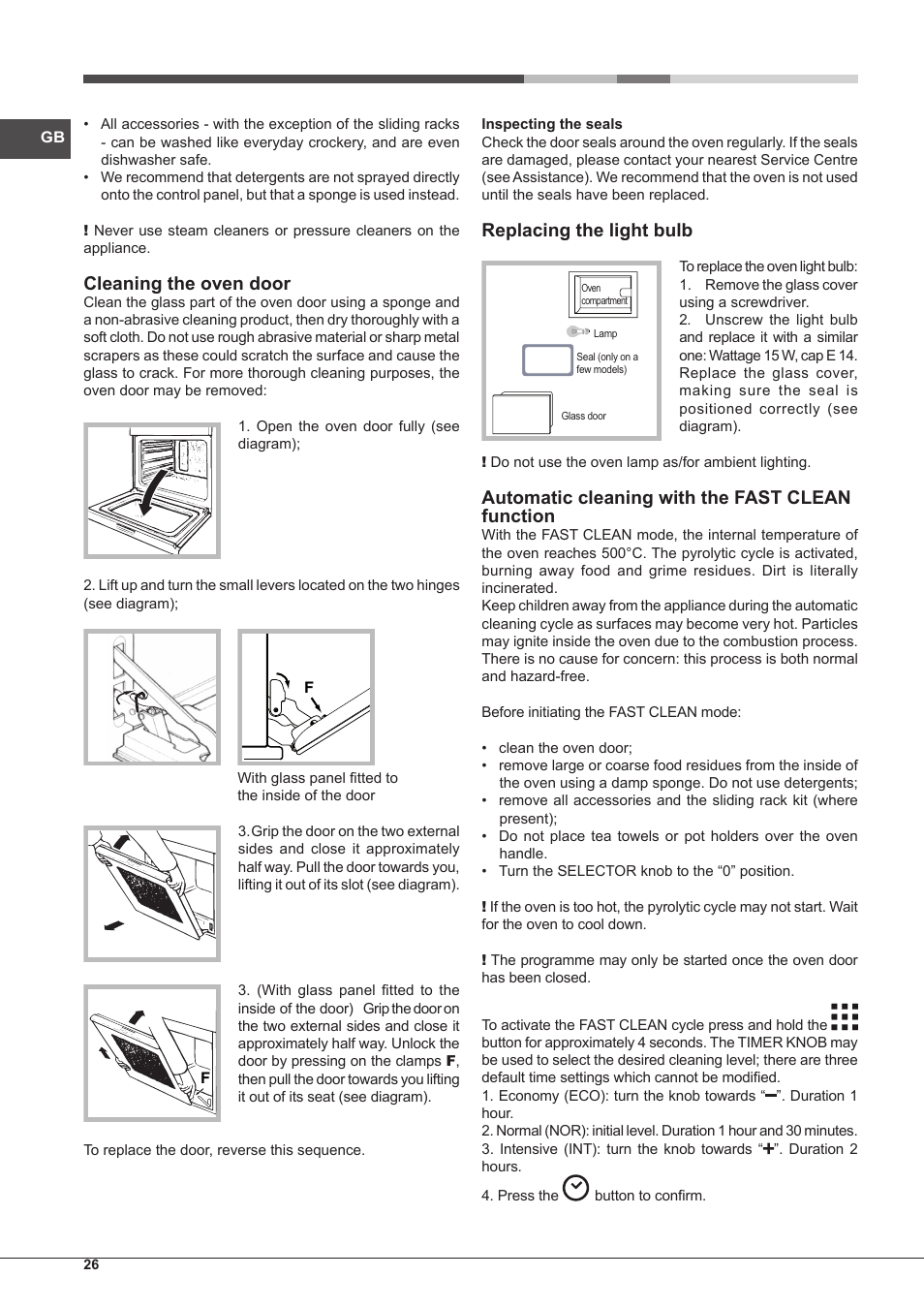 Cleaning the oven door, Replacing the light bulb, Automatic cleaning with  the fast clean function | Hotpoint Ariston Style FH 89 P IX-HA S User  Manual | Page 26 / 56 | Original mode