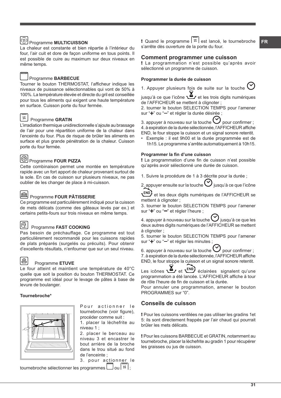 Comment programmer une cuisson, Conseils de cuisson | Hotpoint Ariston  Style FH 89 P IX-HA S User Manual | Page 31 / 56