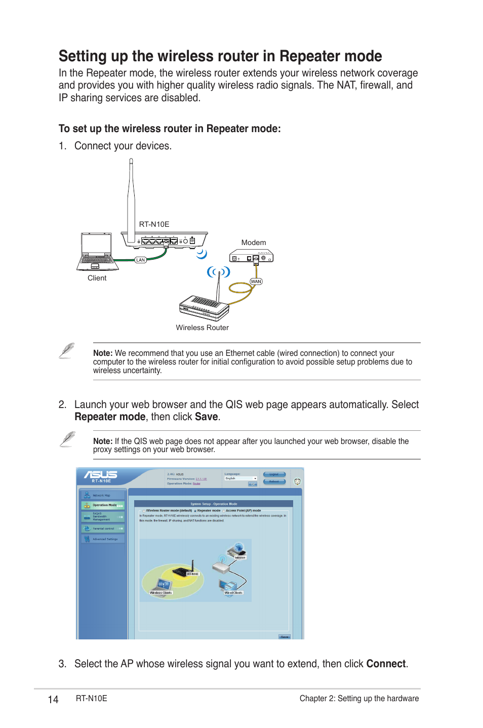 Setting up the wireless router in repeater mode | Asus RT-N10E (VER.B1)  User Manual | Page 14 / 52