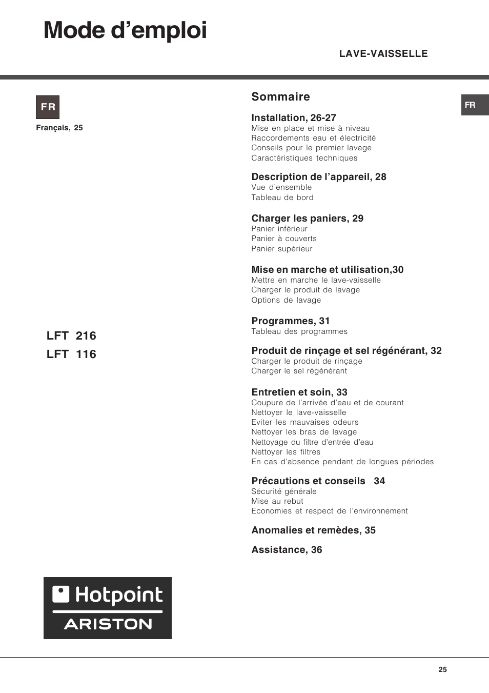 Mode d'emploi, Sommaire | Hotpoint Ariston LFT 216 User Manual | Page 25 /  84