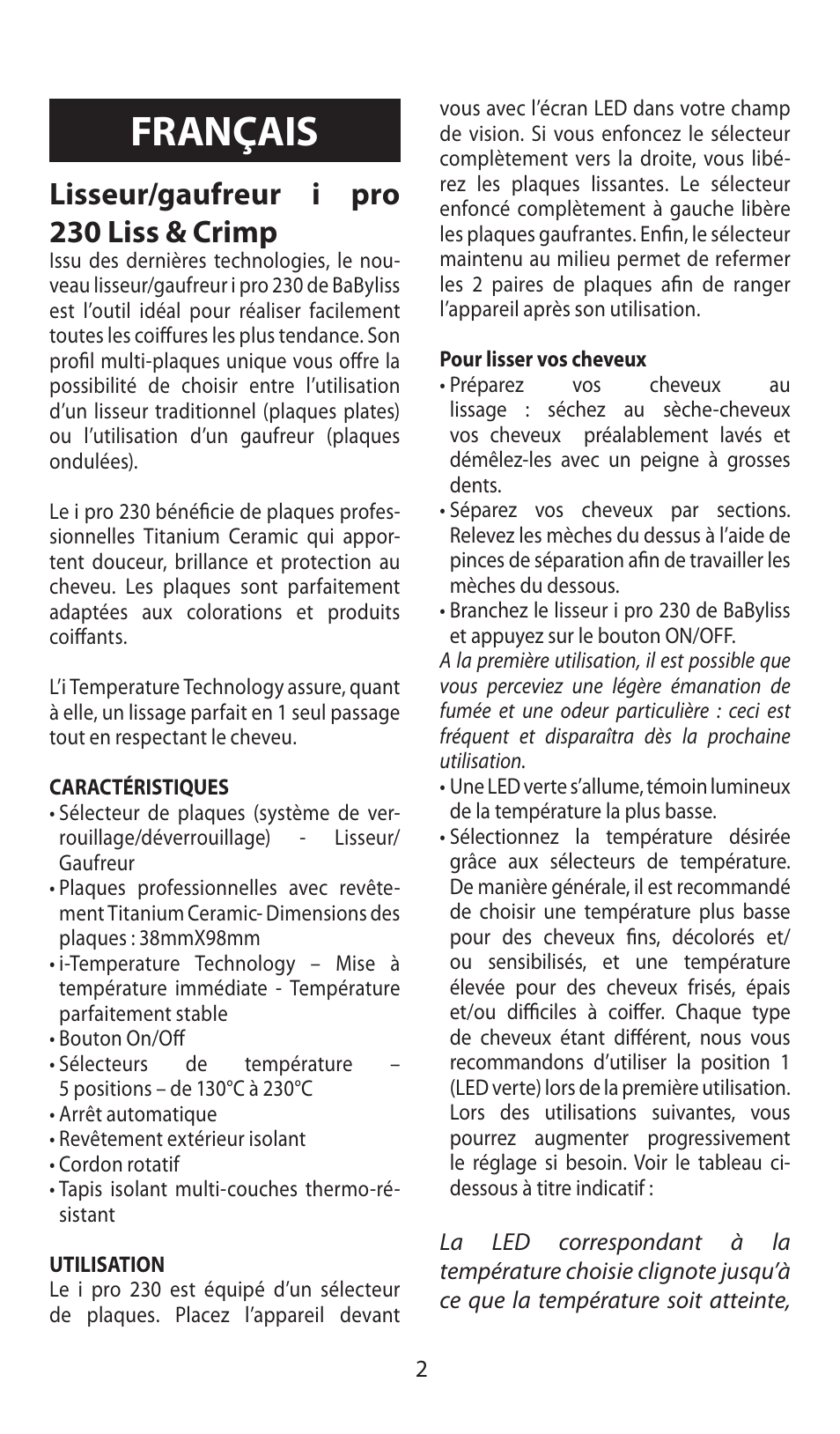 Français, Lisseur/gaufreur i pro 230 liss & crimp | Babyliss ST92E iPro 230  Liss & Crimp User Manual | Page 2 / 35 | Original mode