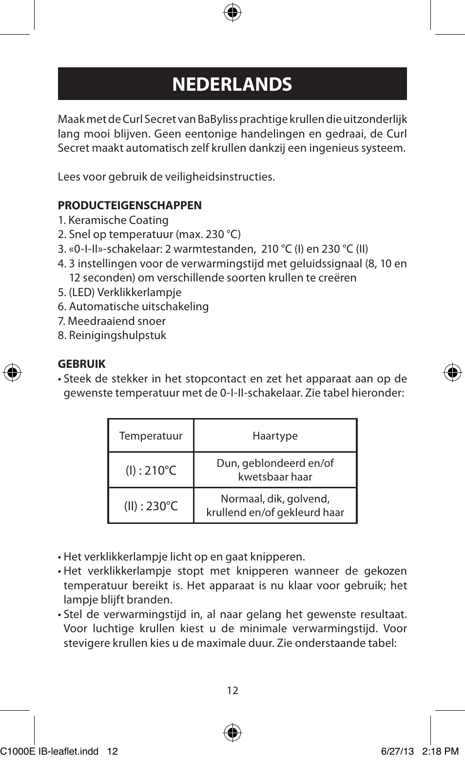 Nederlands | Babyliss C1000E Curl Secret User Manual | Page 12 / 56 |  Original mode