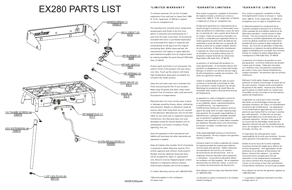 Ex280 parts list Camp Chef EX280LW User Manual Page 2 2