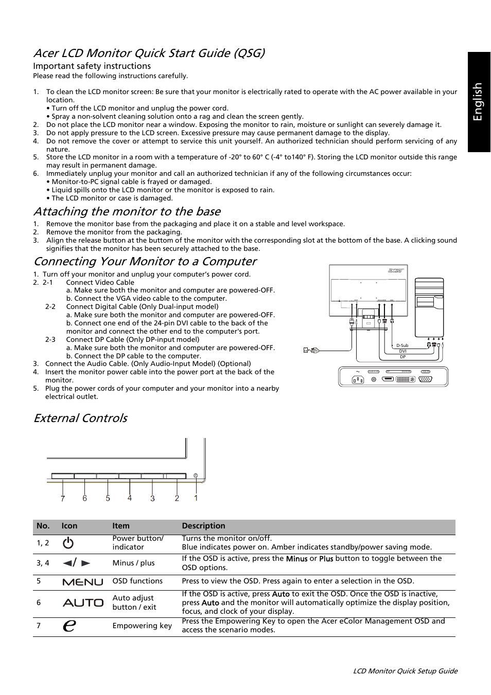 Acer lcd monitor quick start guide (qsg), Attaching the monitor to the  base, Connecting your monitor to a computer | Acer K242HL User Manual |  Page 2 / 72
