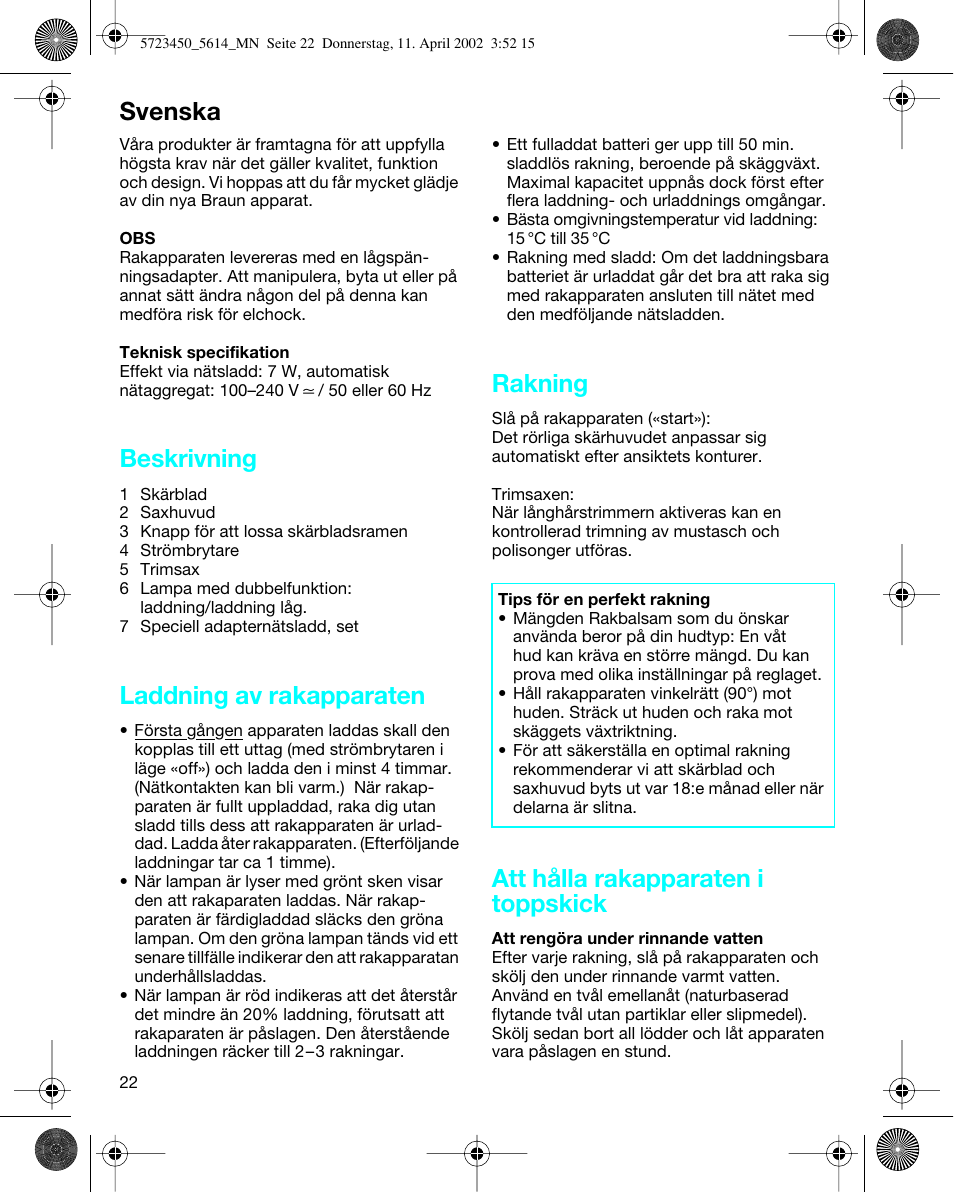 Svenska, Beskrivning, Laddning av rakapparaten | Braun 5614 Flex XP User  Manual | Page 22 / 38 | Original mode