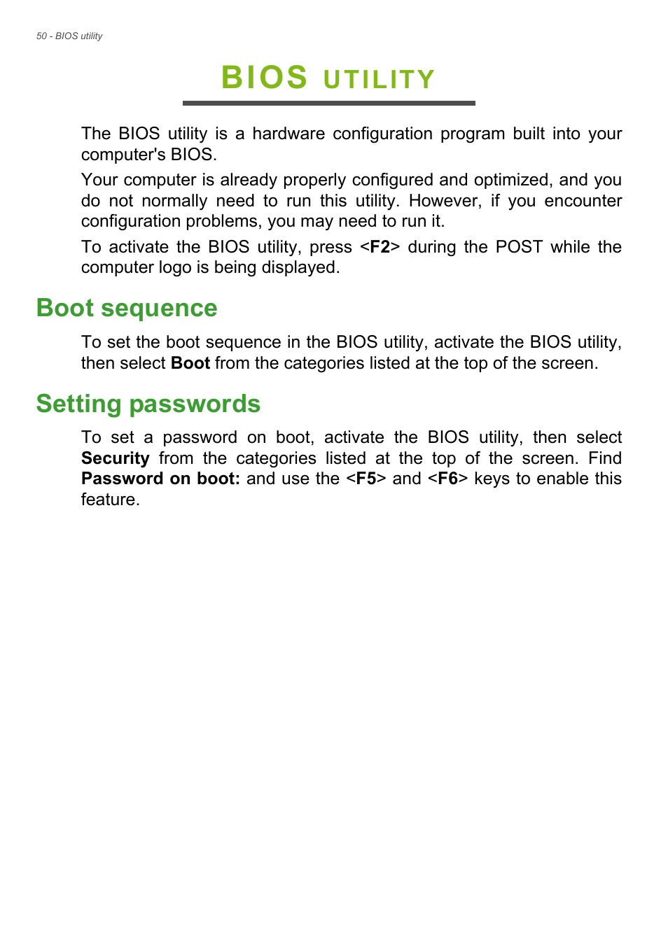 Bios utility, Boot sequence, Setting passwords | Acer Aspire V7-481P User  Manual | Page 50 / 94