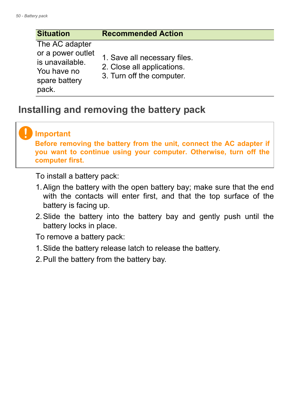 Installing and removing the battery pack | Acer Aspire E1-530 User Manual |  Page 50 / 87
