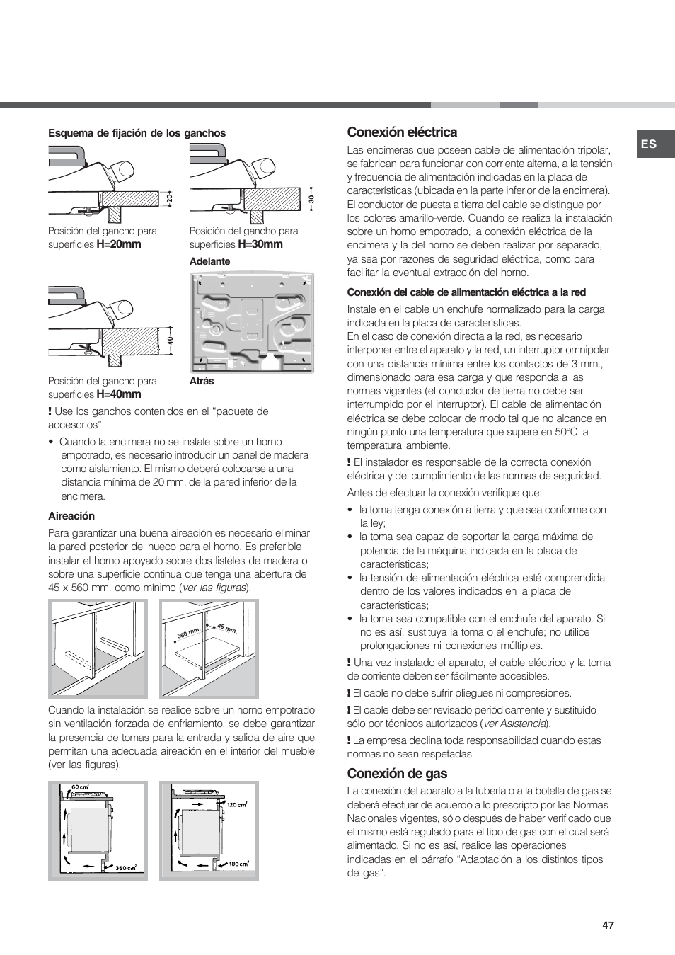 Conexión eléctrica, Conexión de gas | Hotpoint Ariston PF 640 ES (WH)-HA  User Manual | Page 47 / 56 | Original mode