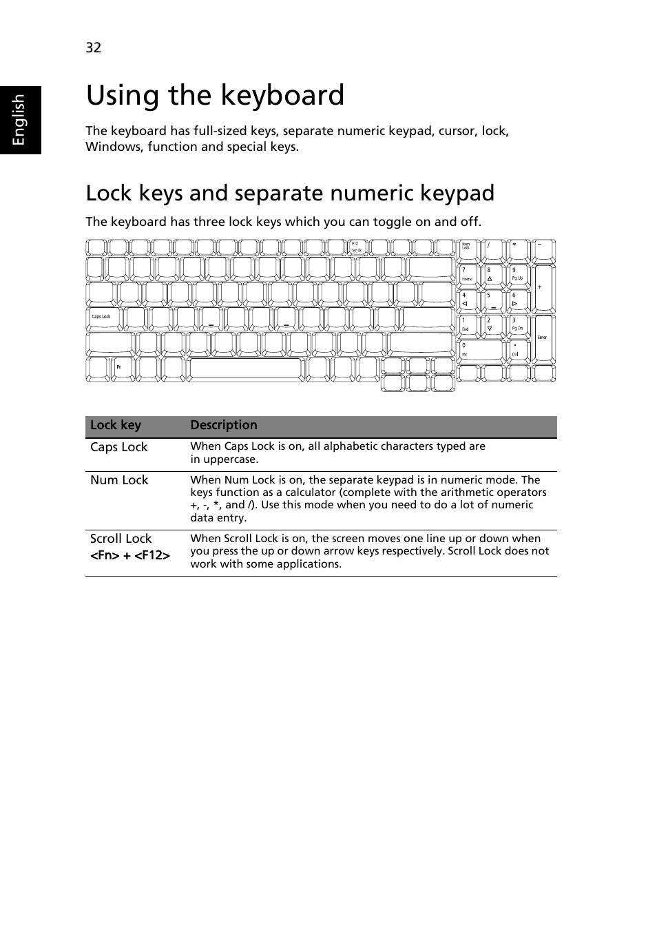 Using the keyboard, Lock keys and separate numeric keypad | Acer Aspire  7720G User Manual | Page 52 / 123 | Original mode
