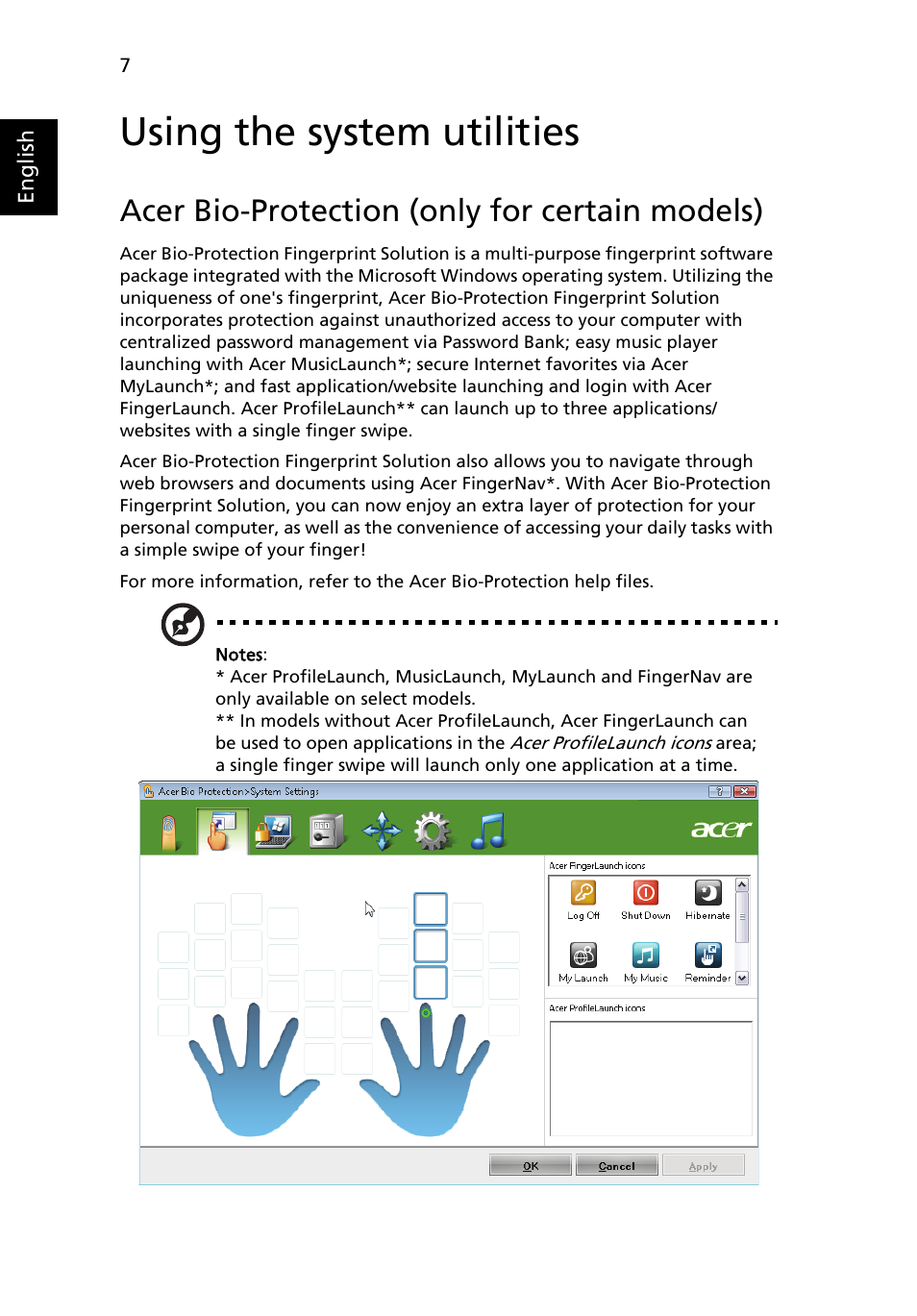 Using the system utilities, Acer bio-protection (only for certain models) |  Acer Aspire 5538G User Manual | Page 26 / 74