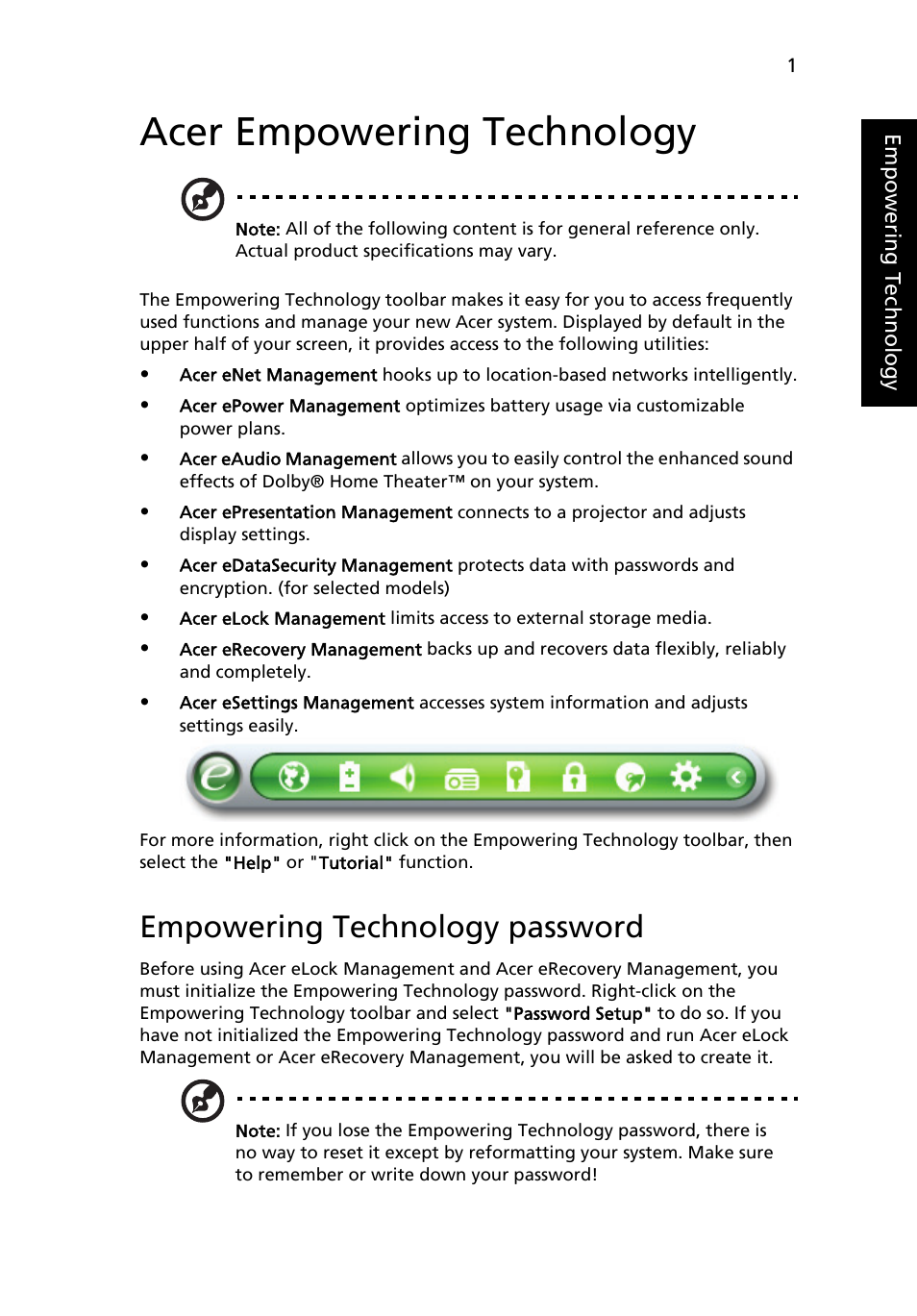 Acer empowering technology, Empowering technology password | Acer Aspire  5920G User Manual | Page 21 / 120 | Original mode