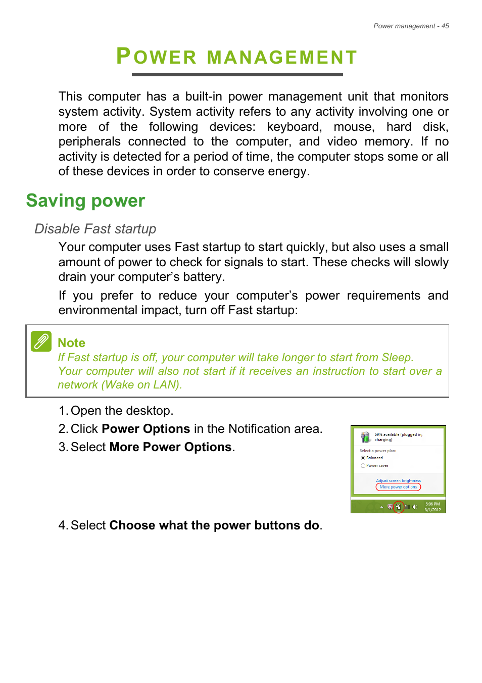 Power management, Saving power, Ower | Acer Aspire V3-772G User Manual |  Page 45 / 87 | Original mode