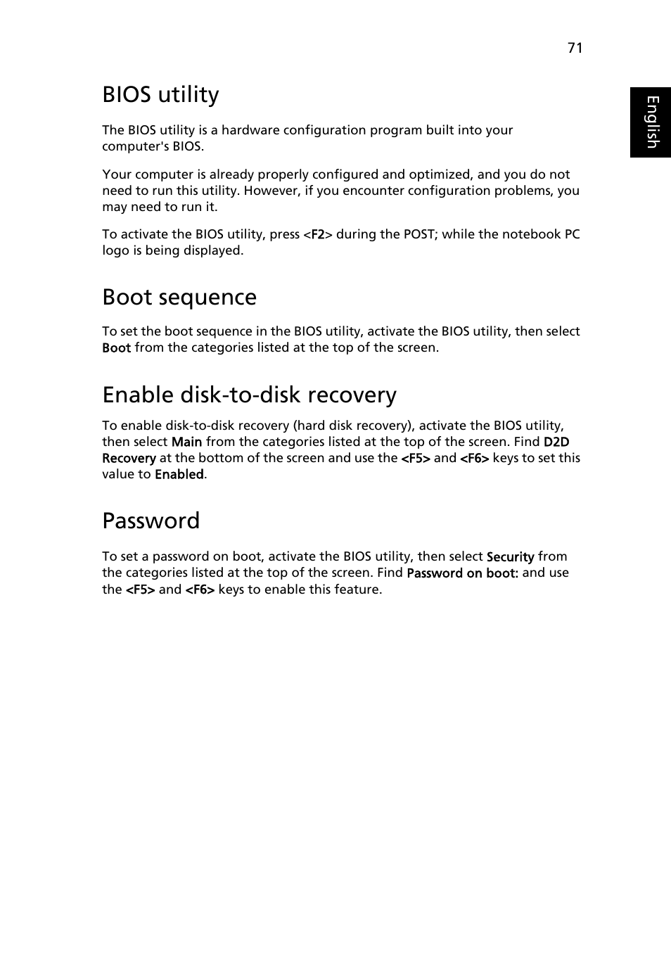 Bios utility, Boot sequence, Enable disk-to-disk recovery | Acer Aspire  6920G User Manual | Page 91 / 109