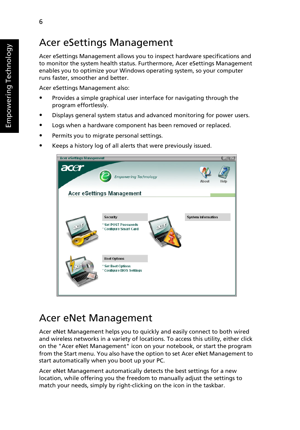 Acer esettings management, Acer enet management | Acer Aspire 1640Z User  Manual | Page 16 / 87
