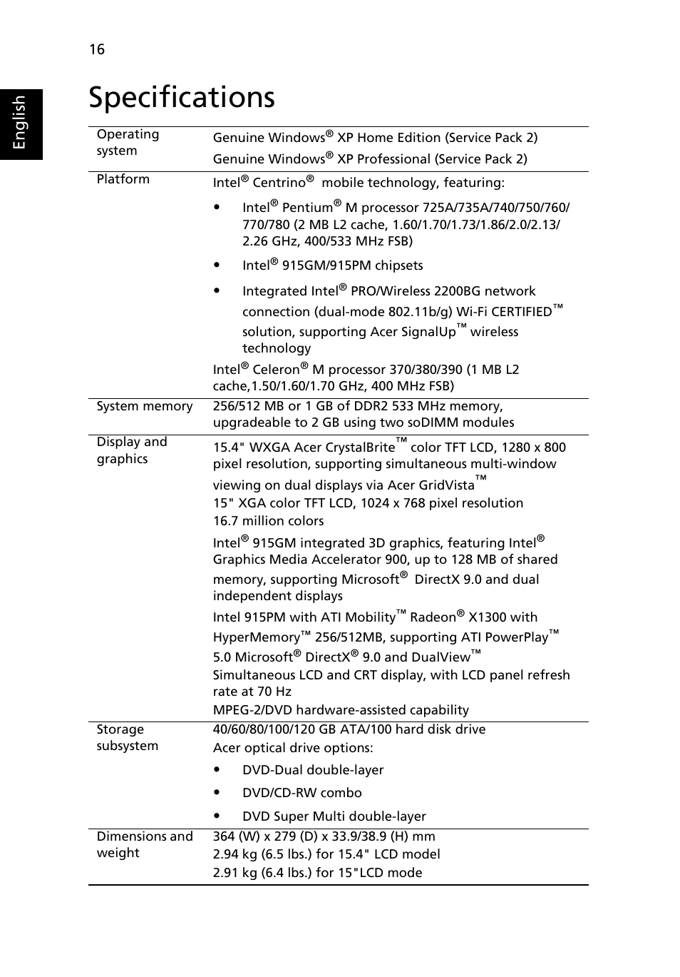 Specifications, English | Acer Aspire 1640Z User Manual | Page 26 / 87