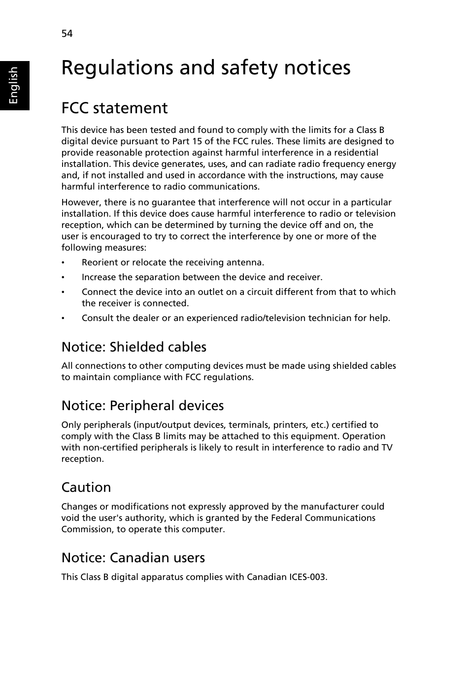 Regulations and safety notices, Fcc statement, Notice: shielded cables | Acer  Aspire 5737Z User Manual | Page 74 / 82