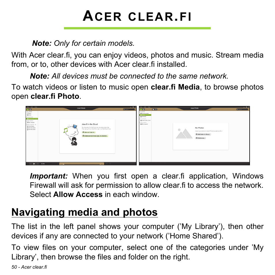 Acer clear.fi, Navigating media and photos, Clear | Acer W701P User Manual  | Page 50 / 100